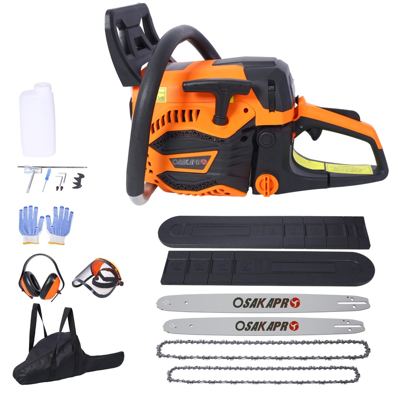 62CC Gas Powered Chainsaw 2-Cycle Petrol Handheld Cordless with 18′ and 20′ Guide Bar and Chain Safety Kit Storage Bag EPA Compliant