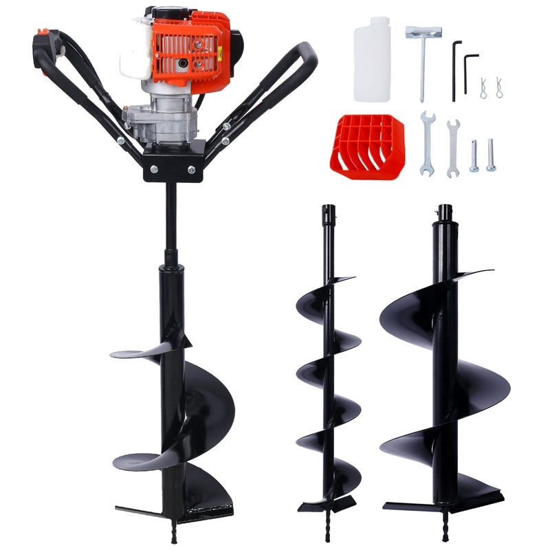 V-Type 52CC 2 Stroke Gas Post Hole Digger One Man Auger EPA Machine Plant Soil Digging Fence with Hole Digger Replacement Auger Bits L4’+L6’+L8′ Drill Bits+Ext Rod Kits