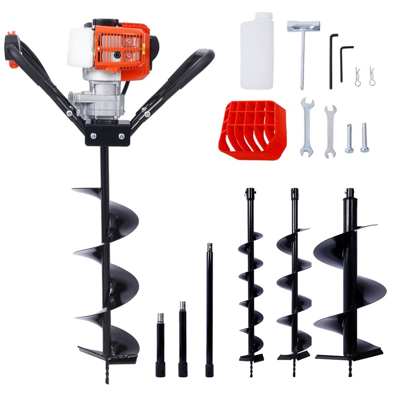 V-Type 52CC 2 Stroke Gas Post Hole Digger One Man Auger EPA Machine with Hole Digger Replacement Auger Bits L4’+L6’+L8’+L12′ Drill Bits + Ext Rod Kits