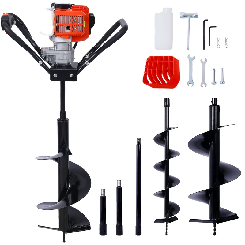 V-Type 52CC 2 Stroke Gas Post Hole Digger One Man Auger EPA Machine with Hole Digger Replacement Auger Bits L6’+L10’+L12′ Drill Bits + Ext Rod Kits