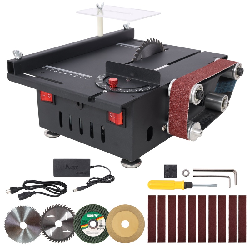 Mini Table Saw Belt Sander 4pcs Blades 10pcs Sanding Blet 7 Gear Adjustable 0-90 Angle