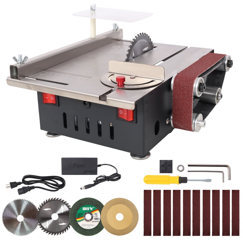 Mini Table Saw Belt Sander Stainless Steel Top 4pcs Blades 10pcs Sanding Blet 7 Gear Adjustable 0-90 Angle