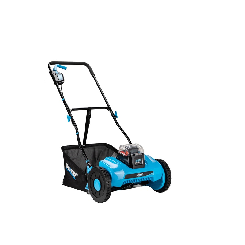 40V Reel Mower 16′ Cutting Path 0.6-2.15 Cutting Height–Black+Blue