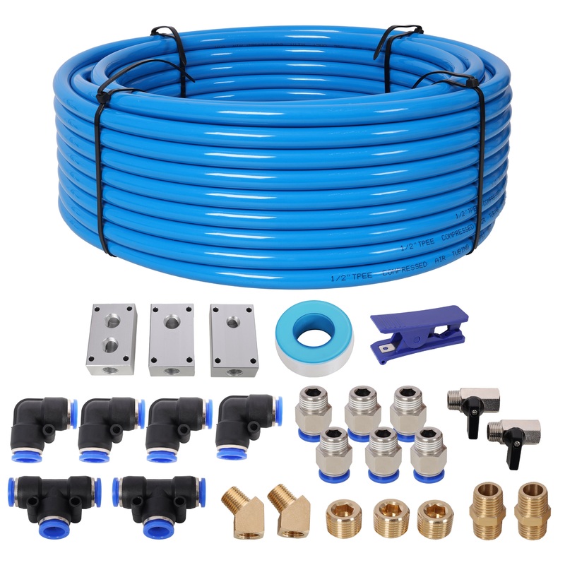 Air Push to Connect Kit Complete 1/2′ (OD) / 3/8′ (ID) x 100-Feet TPEE Tubing Air Piping System–Blue Tubing