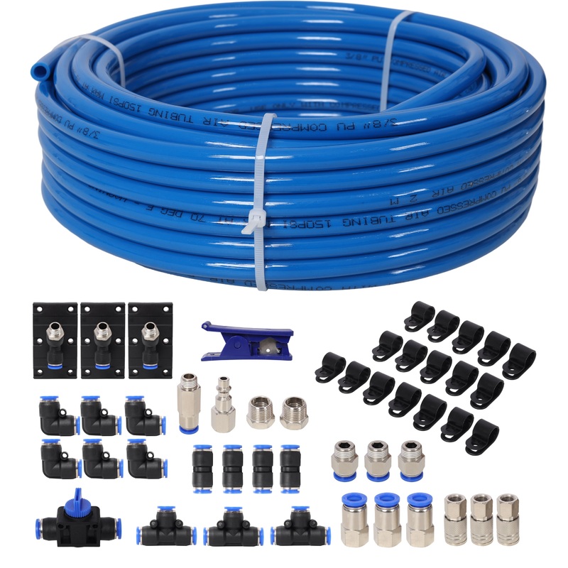 Garage Air Compressor Accessories Master Kit 3/8 Inch (9.5MM) OD  60 Feet PU–Blue Tubing