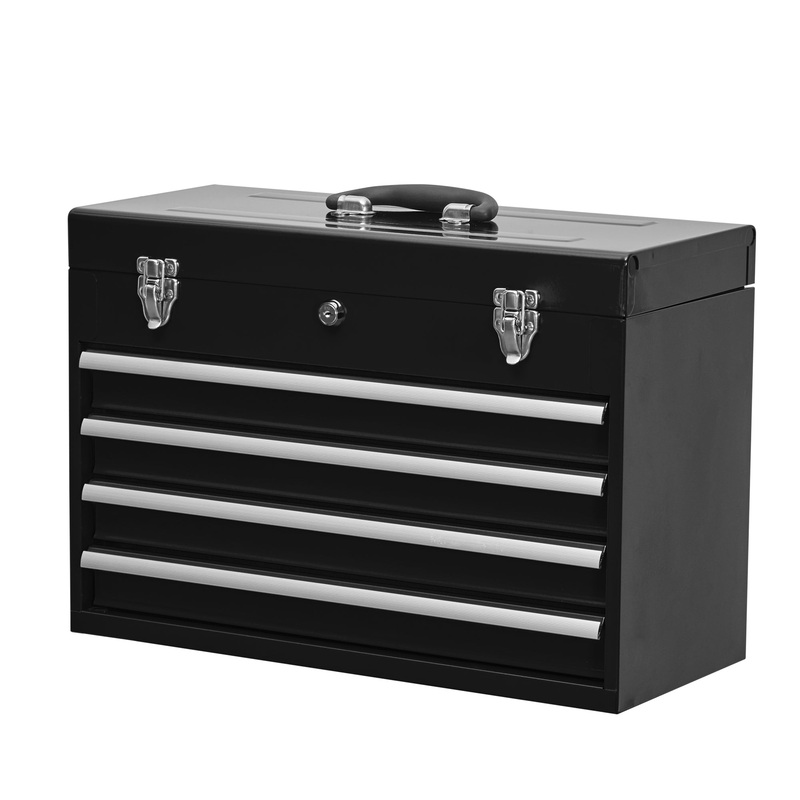 Metal Tool Box with 4 Drawers Portable Steel Chest with Cylinder Lock and Latch Closure Liner Powder Coating Suitable for Garage Warehouse and Outdoor Repair Job–Black