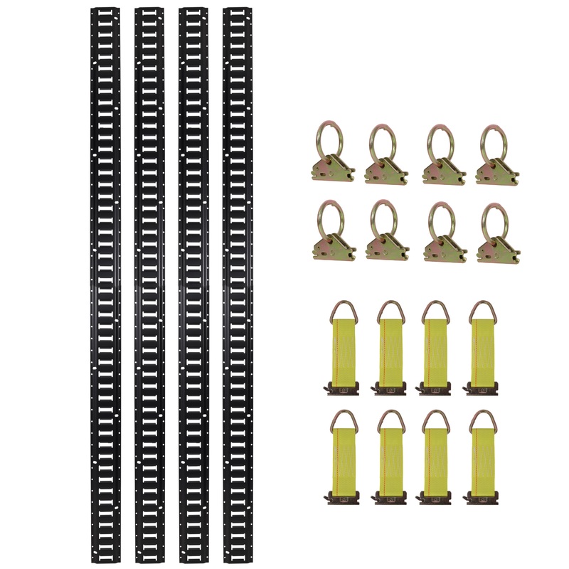 8ft E Track Tie-Down Rail Kit (4 Pack) 8 x Steel O-Ring Anchors and 8 x Rope Tie Offs Heavy Loads UP To 2,000lbs