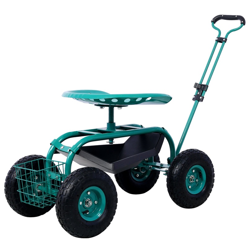 Rolling Garden Scooter Cart Seat with Wheels and Tool Tray 360 Swivel Seat–Green