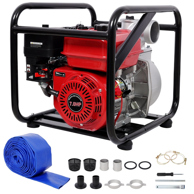 Gas Engine Powered Water Pump 3′ inlet&outlet 7HP Engine with 25FT Flat Hose Outlet
