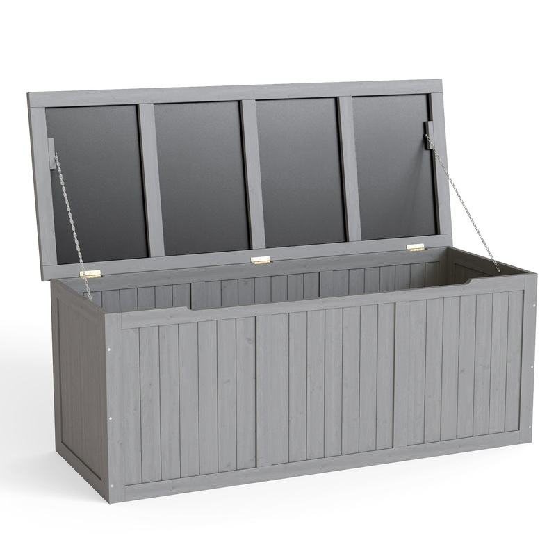 112 Gallon Outdoor Wooden Deck Box Solid Wood Storage Box Seat & Table Top–Grey