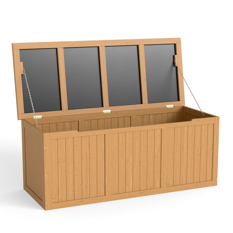 112 Gallon Outdoor Wooden Deck Box Solid Wood Storage Box Seat & Table Top–Light Brown