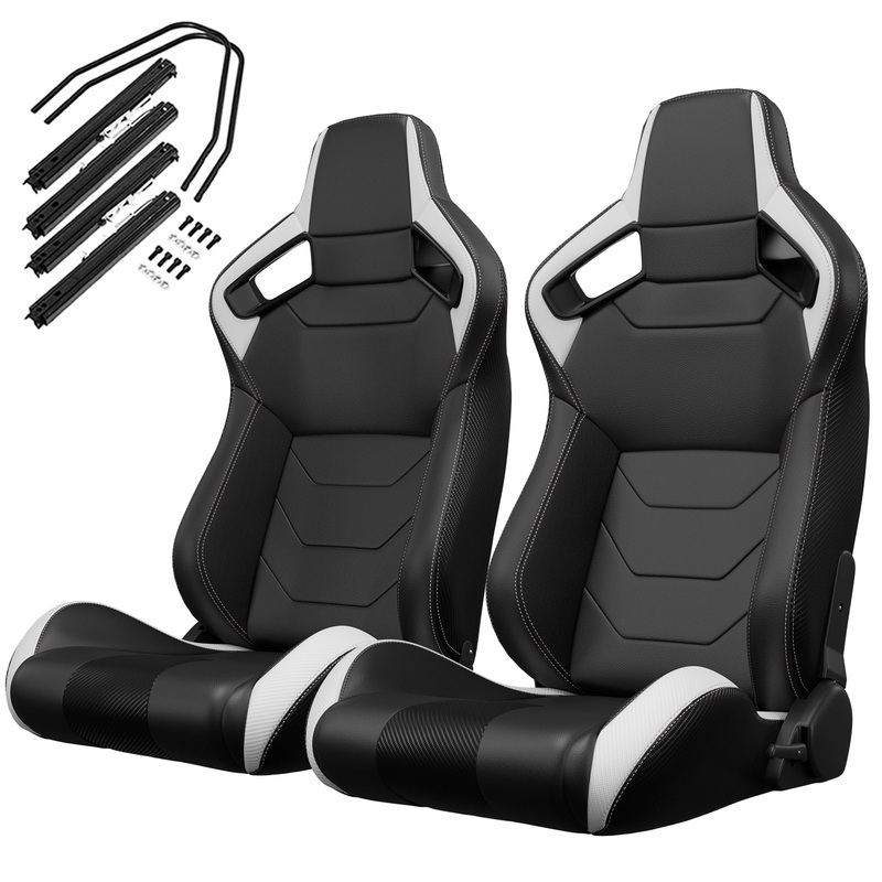 2PCS New Universal Bucket Racing Seats Black Stitch PVC Leather Reclinable Carbon Look Leather Back With Adjustor Slider(Not Including Seat Bracket)