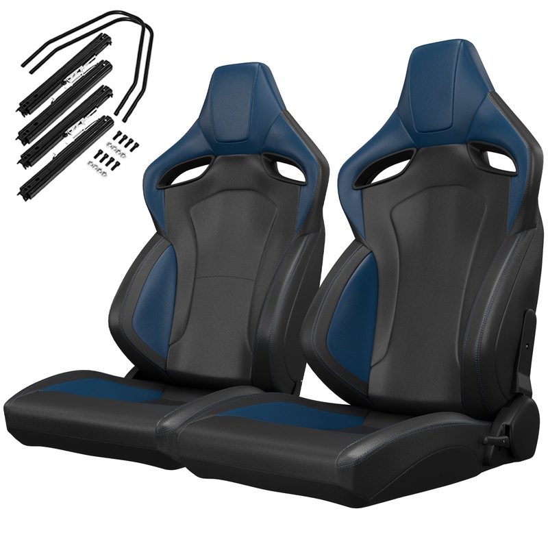 2PCS New Universal Bucket Racing Seats Blue Stitch PVC Leather Reclinable Carbon Look Leather Back With Adjustor Slider(Not Including Seat Bracket)
