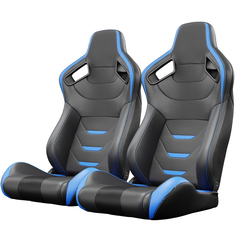 2PCS Universal Bucket Racing Seats Blue Stitch Blue PVC Leather Reclinable Carbon Look Leather Back With Adjustor Slider(Not Including Seat Bracket)