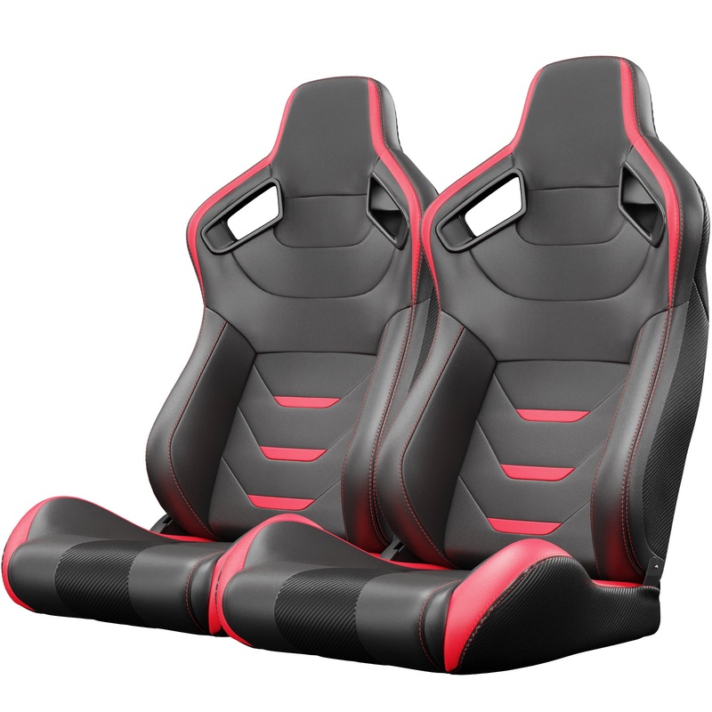 2PCS Universal Bucket Racing Seats Red Stitch Red PVC Leather Reclinable Carbon Look Leather Back With Adjustor Slider(Not Including Seat Bracket)