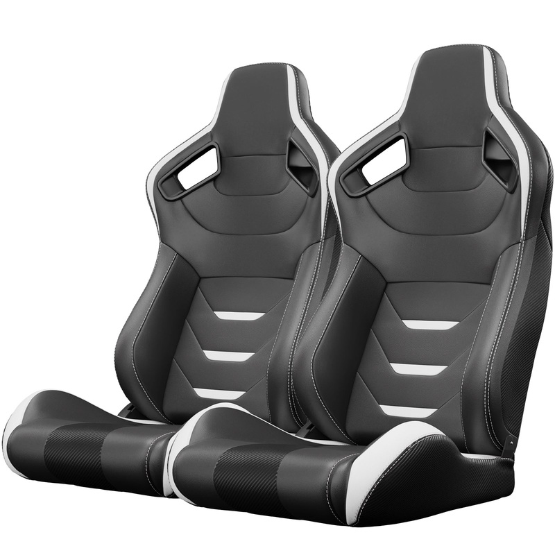 2PCS Universal Bucket Racing Seats White Stitch PVC Leather Reclinable Carbon Look Leather Back With Adjustor Slider(Not Including Seat Bracket)