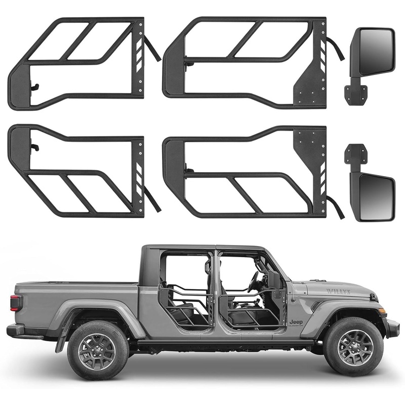 4-Piece Set Tube Doors with Side View Mirror Fits for 2018-2024 Jeep Wrangler JL JLU & Gladiator JT 4-Doors (Includes 4XE)