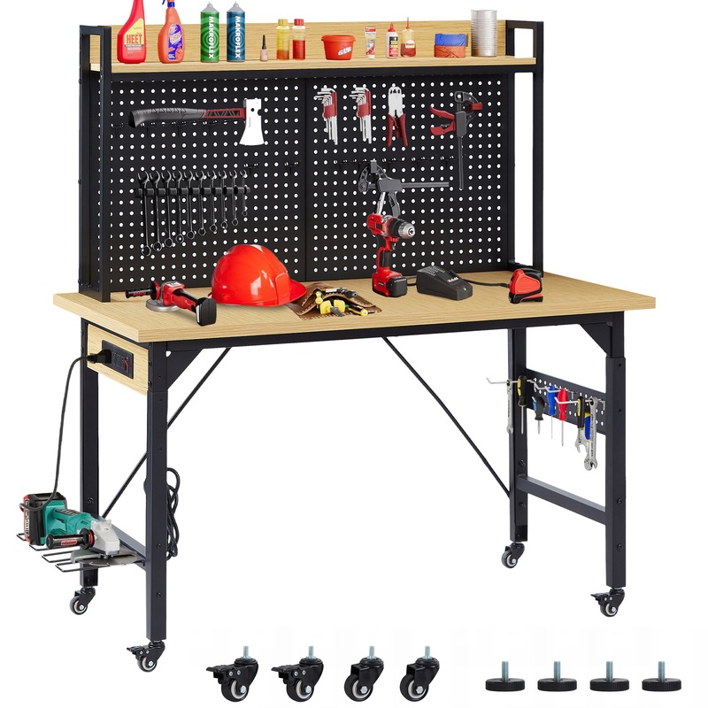48” Adjustable Wooden Workbench with Pegboard and Wheels with AC/USB Outlet Hooks Shelf Heavy Duty 1600 lb. Capacity