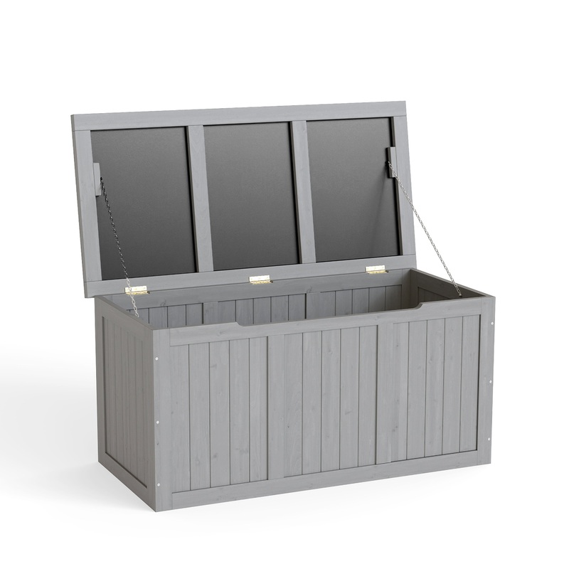 67 Gallon Outdoor Wooden Deck Box Solid Wood Storage Box Seat & Table Top–Grey