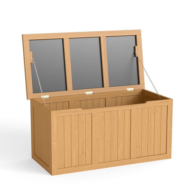 67 Gallon Outdoor Wooden Deck Box Solid Wood Storage Box Seat & Table Top–Light Brown