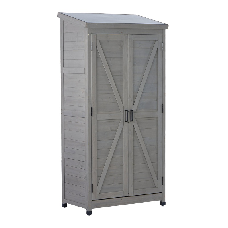 Outdoor Wooden Storage Shed with Metal Top Tall Vertical Tool Cabinet–Grey